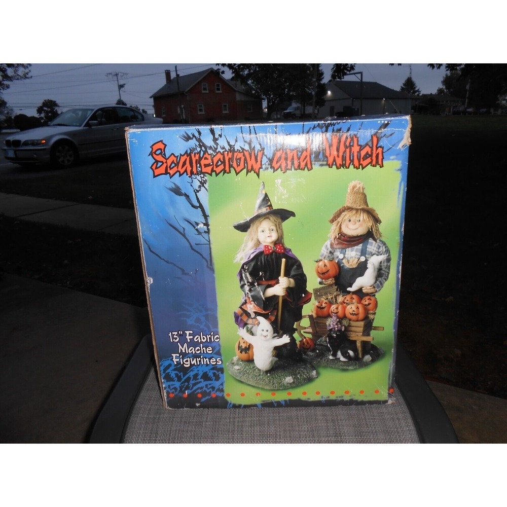 Halloween Scarecrow & Witch 13" Fabric Mache Figurines Pumpkins Ghosts Box